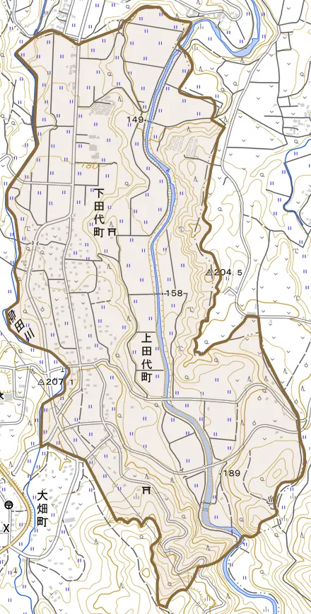 上田代町とその周辺の地図。町の範囲を重ねている