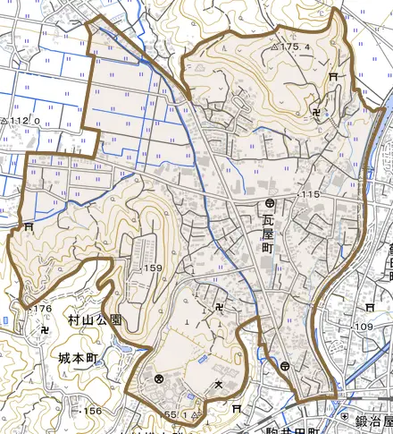 瓦屋町とその周辺の地図。町の範囲を重ねている