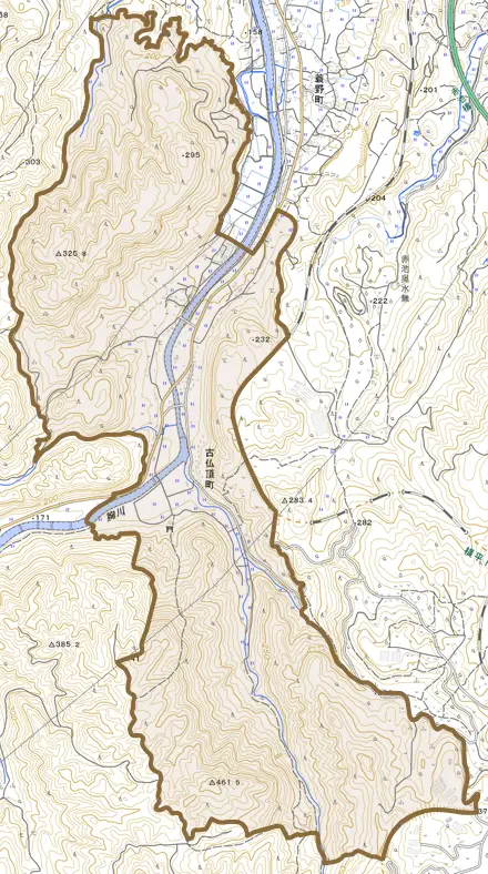 古仏頂町とその周辺の地図。町の範囲を重ねている