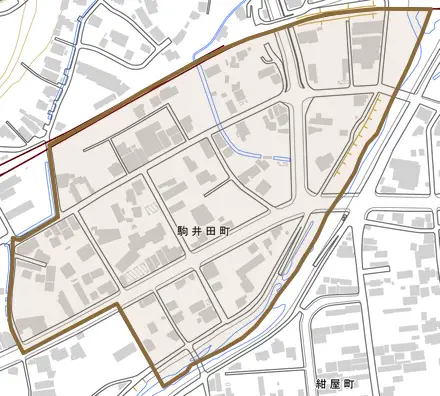 駒井田町とその周辺の地図。町の範囲を重ねている
