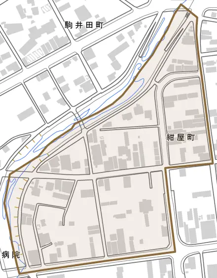 紺屋町とその周辺の地図。町の範囲を重ねている
