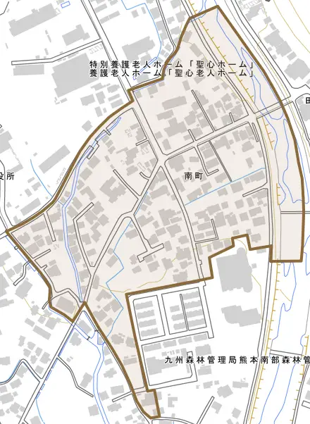 南町とその周辺の地図。町の範囲を重ねている