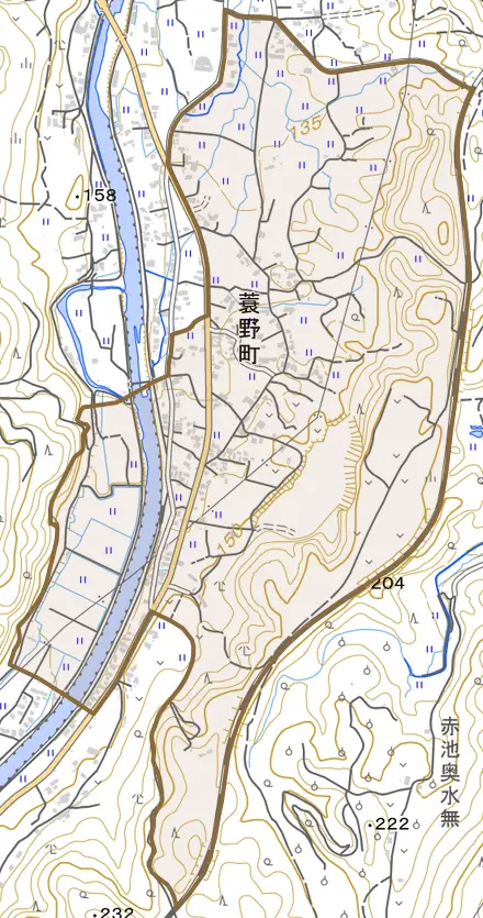 蓑野町とその周辺の地図。町の範囲を重ねている