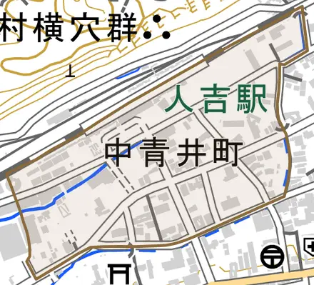 中青井町とその周辺の地図。町の範囲を重ねている