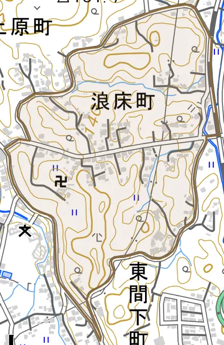 浪床町とその周辺の地図。町の範囲を重ねている