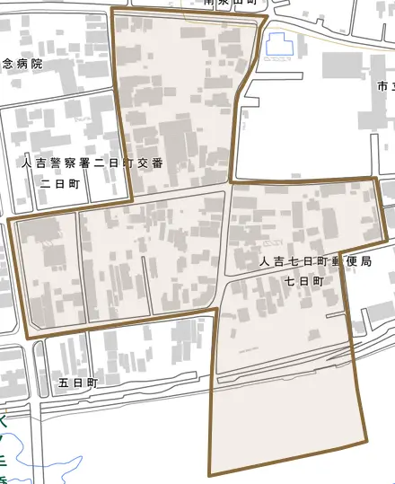 七日町とその周辺の地図。町の範囲を重ねている