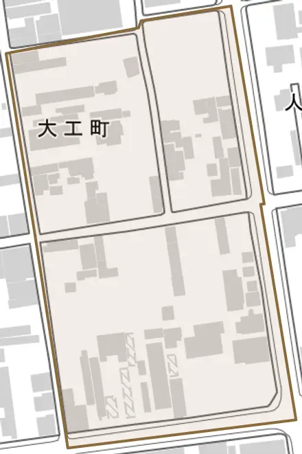 二日町とその周辺の地図。町の範囲を重ねている