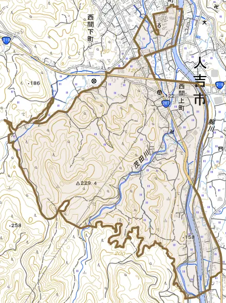 西間上町とその周辺の地図。町の範囲を重ねている