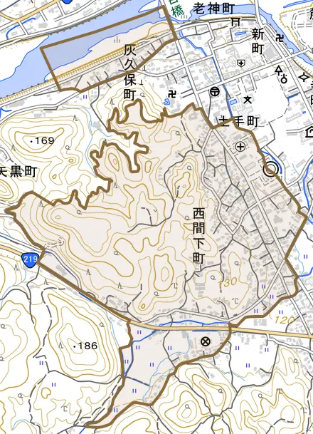 西間下町とその周辺の地図。町の範囲を重ねている