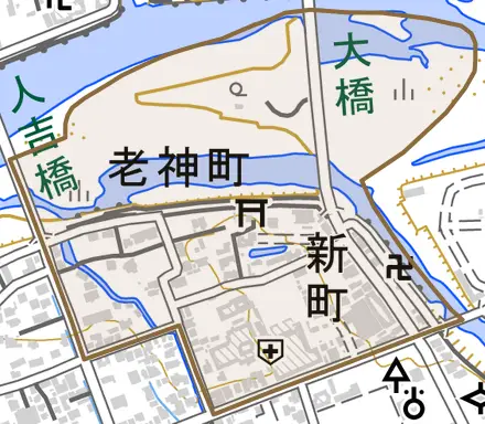 老神町とその周辺の地図。町の範囲を重ねている