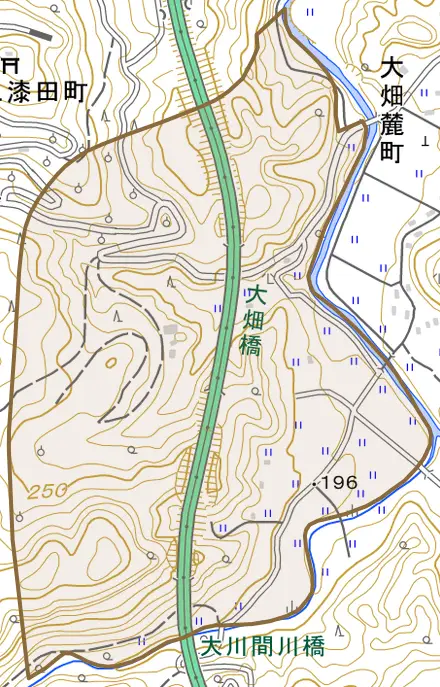大畑麓町とその周辺の地図。町の範囲を重ねている