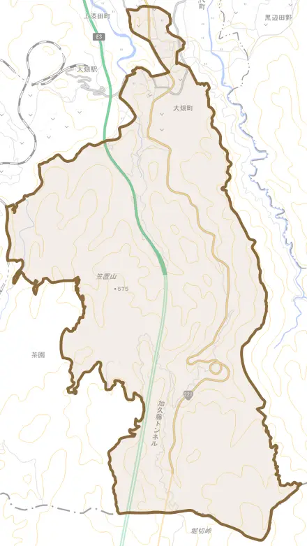 大畑町とその周辺の地図。町の範囲を重ねている
