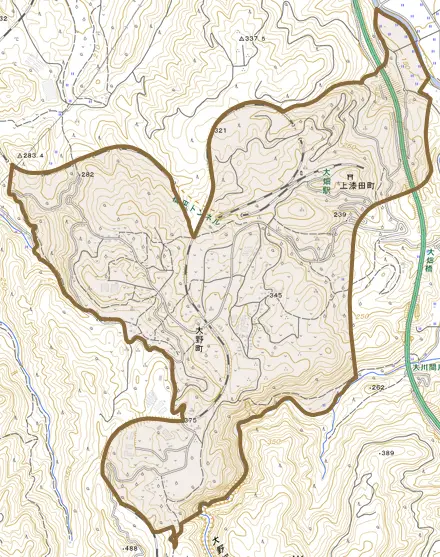 大野町とその周辺の地図。町の範囲を重ねている