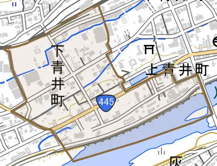 下青井町とその周辺の地図。町の範囲を重ねている
