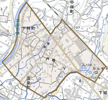 下林町とその周辺の地図。町の範囲を重ねている