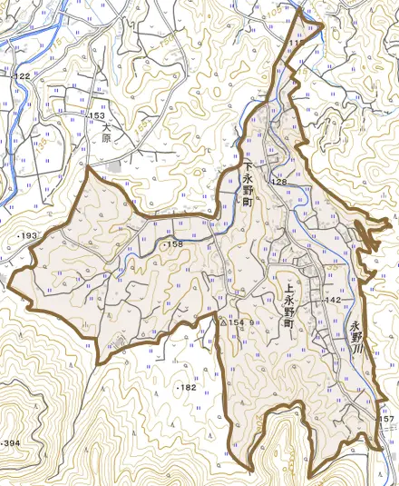 下永野町とその周辺の地図。町の範囲を重ねている