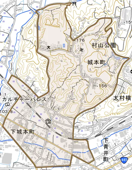 下城本町とその周辺の地図。町の範囲を重ねている