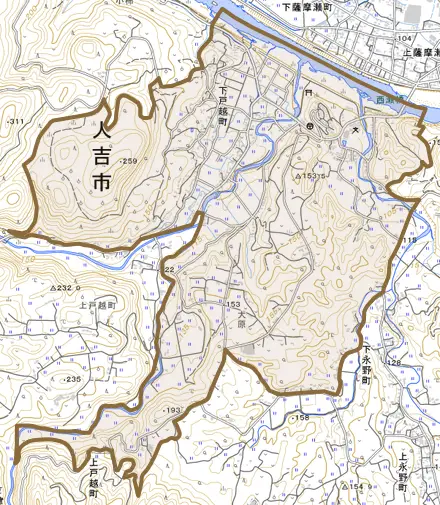 下戸越町とその周辺の地図。町の範囲を重ねている