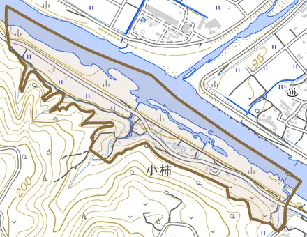 中神町字小柿とその周辺の地図。町の範囲を重ねている