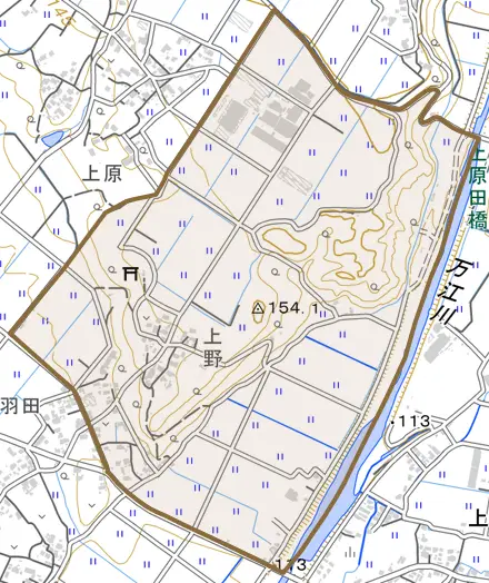 下原田町字上野とその周辺の地図。町の範囲を重ねている