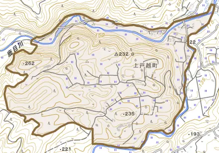 上戸越町とその周辺の地図。町の範囲を重ねている