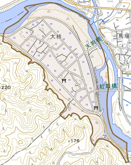 中神町字大柿とその周辺の地図。町の範囲を重ねている