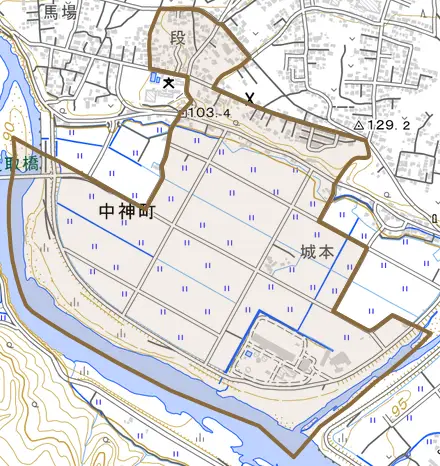 中神町字段とその周辺の地図。町の範囲を重ねている