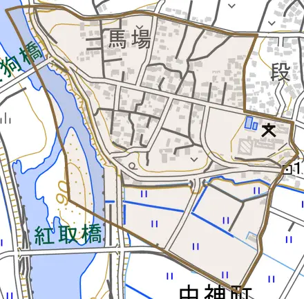 中神町字馬場とその周辺の地図。町の範囲を重ねている