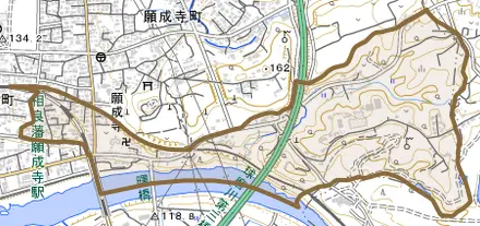 南願成寺町とその周辺の地図。町の範囲を重ねている