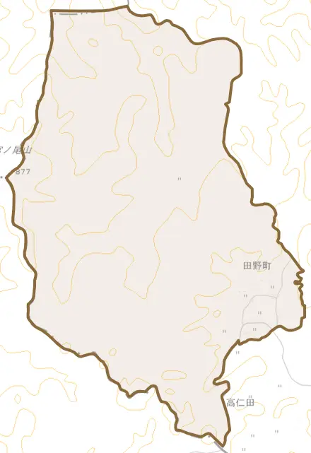 田野町とその周辺の地図。町の範囲を重ねている