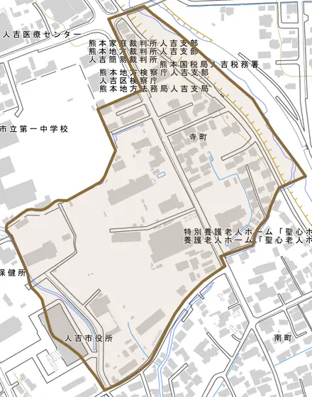 寺町とその周辺の地図。町の範囲を重ねている