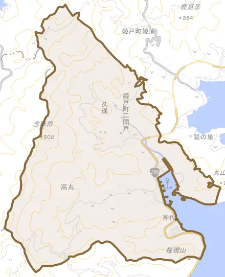 姫戸町二間戸とその周辺の地図。町の範囲を重ねている