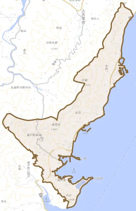 姫戸町姫浦とその周辺の地図。町の範囲を重ねている