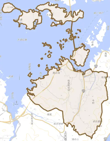 松島町合津とその周辺の地図。町の範囲を重ねている