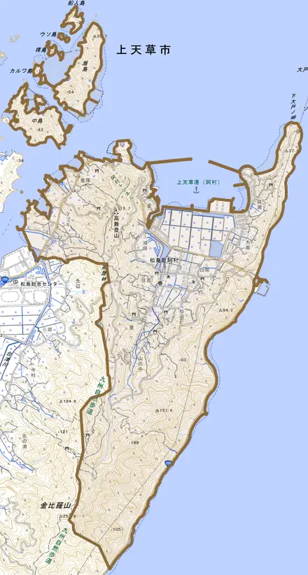松島町阿村とその周辺の地図。町の範囲を重ねている