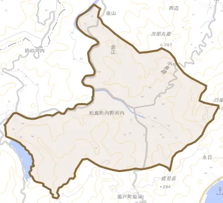 松島町内野河内とその周辺の地図。町の範囲を重ねている