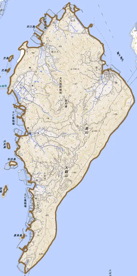 大矢野町維和とその周辺の地図。町の範囲を重ねている