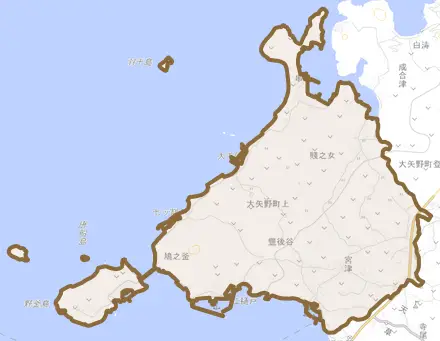 大矢野町上とその周辺の地図。町の範囲を重ねている