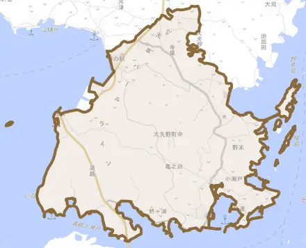 大矢野町中とその周辺の地図。町の範囲を重ねている