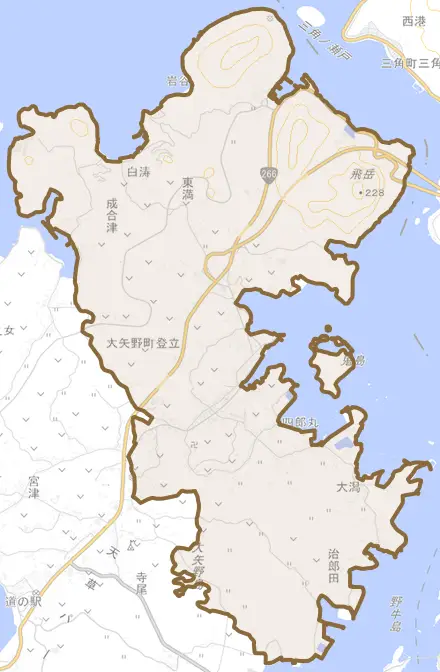 大矢野町登立とその周辺の地図。町の範囲を重ねている