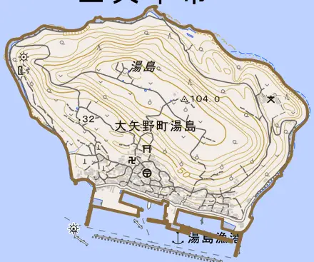 大矢野町湯島とその周辺の地図。町の範囲を重ねている