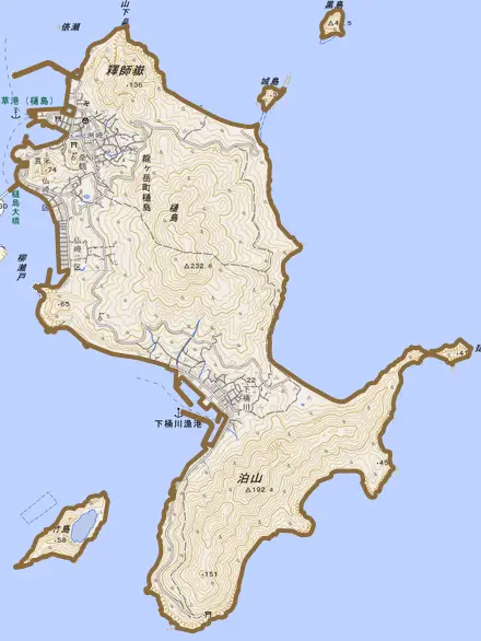 龍ヶ岳町樋島とその周辺の地図。町の範囲を重ねている