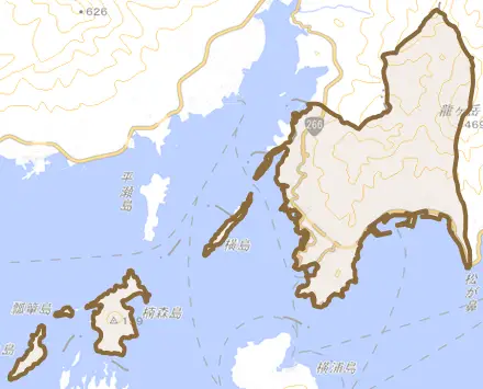 龍ヶ岳町大道とその周辺の地図。町の範囲を重ねている