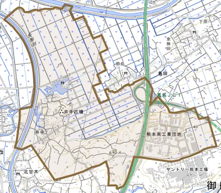 大字井寺とその周辺の地図。町の範囲を重ねている