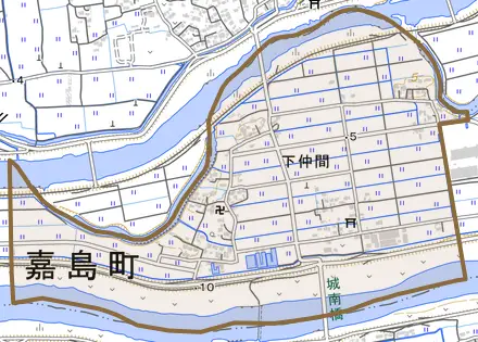 大字下仲間とその周辺の地図。町の範囲を重ねている