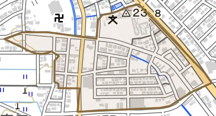 大字上島とその周辺の地図。町の範囲を重ねている