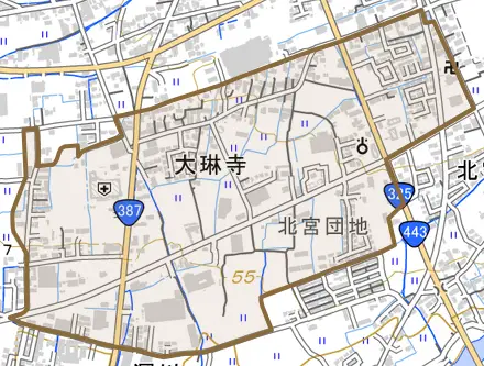 大琳寺とその周辺の地図。町の範囲を重ねている