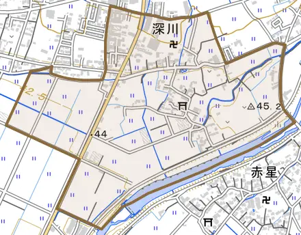 深川とその周辺の地図。町の範囲を重ねている