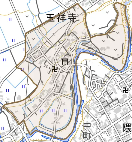 玉祥寺とその周辺の地図。町の範囲を重ねている