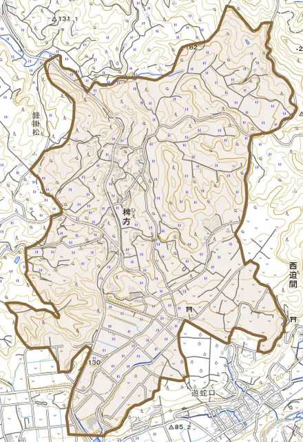 稗方とその周辺の地図。町の範囲を重ねている